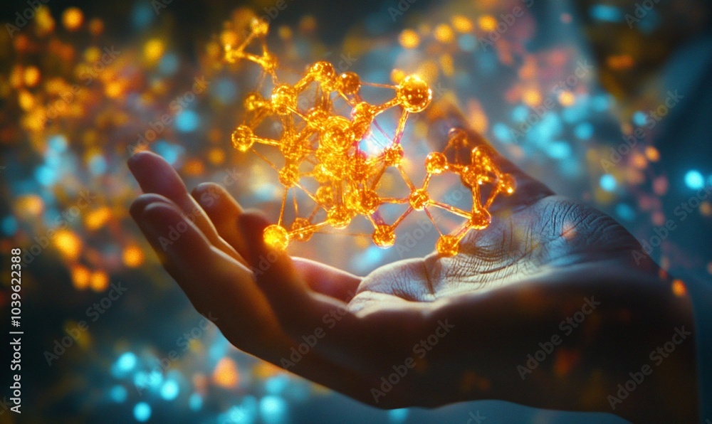 Poster a hand holds a glowing, intricate molecular structure against a dark background with sparkling light