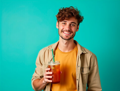 Smiling young man holding a refreshing ice tea drink against a turquoise background, summer lifestyle concept with healthy beverage, cheerful and relaxed attitude 