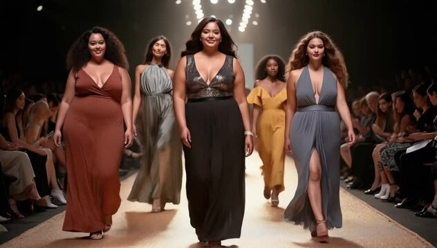 Curves in Couture: Redefining Runway Glamour. Fashion show of plus size women parading in a happy and content manner