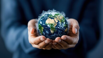 Hands holding a glowing globe, symbolizing care for the planet.