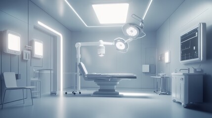 A minimalist representation of a high-tech operating room, focusing on essential robotic surgical systems and clean lines, creating a sense of clarity and modernity in the medical environment. 