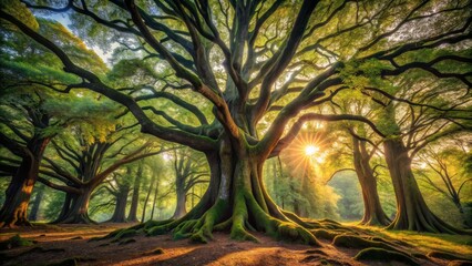 Ancient Trees Stand Tall as Sentinels, Guarding the Mysteries and Secrets of the Enchanted Forest