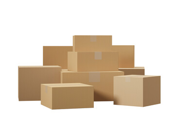 A stack of various-sized cardboard boxes arranged on a clean white background, showcasing storage or moving packages. 3D Rendering