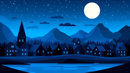 Fototapeta premium Nighttime Village Landscape with Moon and Stars