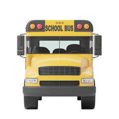 A yellow school bus viewed from the front, isolated on a white background. Concept for transportation, education, and school commute. 3D Rendering