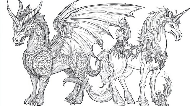 A majestic dragon and enchanting unicorn stand together in a fantastical realm filled with magic and wonder, coloring page