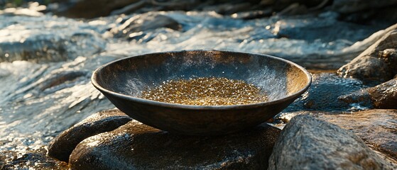 A close-up view of a gold pan filled with shimmering flecks, resting by a serene stream. The sunlight reflects off the water, creating a tranquil and natural scene.