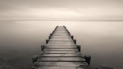 Obraz premium Serene view of an ancient wooden pier extending over calm waters at sunset, capturing the tranquility of a historic waterfront landscape with soft reflections in golden light