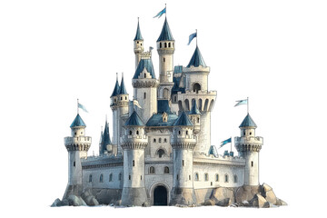 Elegant medieval castle with blue-roofed towers, surrounded by rocks. A fairytale architecture icon under a clear sky.