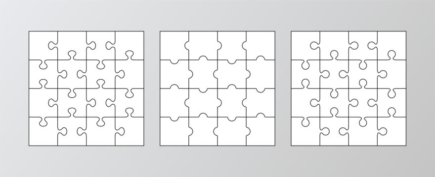 Jigsaw business chain infographic with 16 pieces. Puzzle grids collection. Puzzle infographics. Process diagram presentation. Business info graphic with steps, parts. Vector illustration