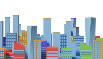Colorful skyscrapers arranged together forming a city skyline, modern design style, isolated on a white background, concept of urban design. 3D Rendering