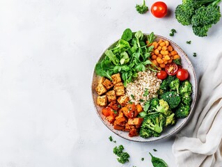 Wholesome balanced meal featuring tofu, greens, and whole grains on a clean diet plate for healthy living.