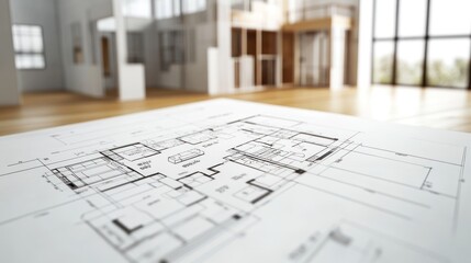 Architectural blueprint in focus with modern interior background.