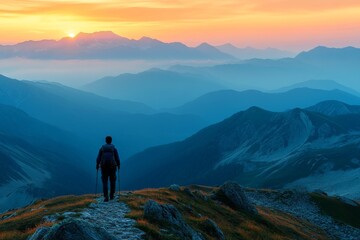 Obraz premium Silhouette of Hiker on Mountain Trail with Stunning Sunrise Over Blue Mountains