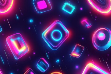 Seamless futuristic pattern with floating holographic shapes, glowing neon edges, vibrant colors, high detail