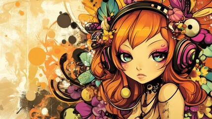  A painting of a girl wearing headphones and adorned with flowers in her hair against a grungy backdrop