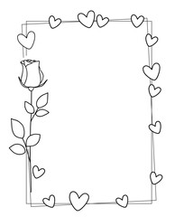 Frame of garden rose with stem and leaves. Hand drawn sketch. Vector illustration.
