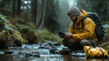 A researcher in a yellow jacket sits by a stream in a forest, focusing on a tablet as he documents important environmental data while light rain falls around him