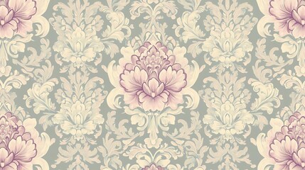 Vintage wallpaper with ornate floral patterns, seamlessly repeating, soft pastel tones, retro aesthetic, intricate detail