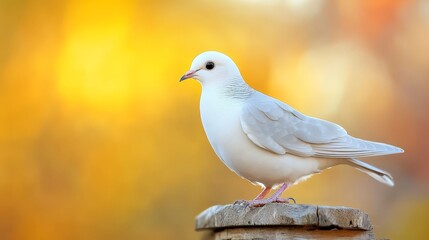 Fototapeta premium A white bird perched atop a weathered piece of wood against a backdrop of blurred yellow and red hues
