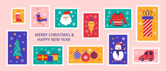 Postage stamp set of Christmas and Happy New Year post card illustration. Advent Calendar style, winter holiday sticker, mail postmark. Vector concept modern design