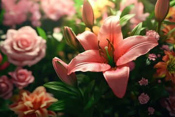 Fototapeta premium Colorful bouquet of lilies roses carnations and green leaves.