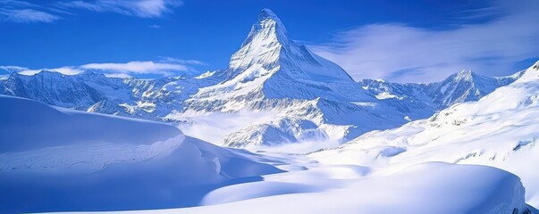 The Matterhorn in the Swiss Alps with Snow-Covered Peaks and a Clear Blue Sky