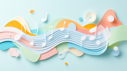 Fototapeta premium paper cut pastel color music notes in light blue abstract background banner/design 