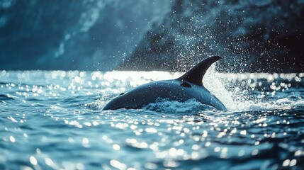 A lone orca swims through the ocean waters, its fin breaking the surface and creating a spray of water.