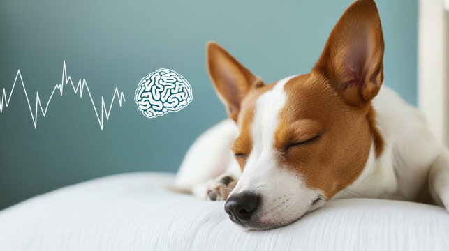 Dog sleeping with brain activity graph illustration Dog resting peacefully with a brain activity graph illustration, symbolizing sleep cycles, dreams, and canine brain function studies