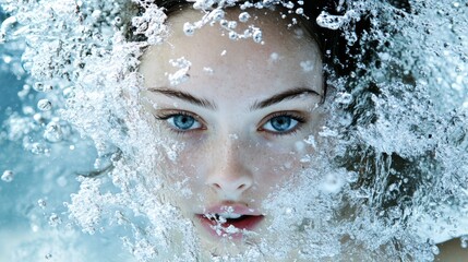 Fototapeta premium A woman's face, surrounded by water droplets in mid-splash Hair billows in the wind
