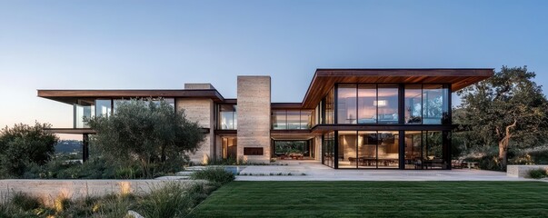 Obraz premium Stunning luxury modern home exterior showcasing bold textures of glass and wood in sustainable design.