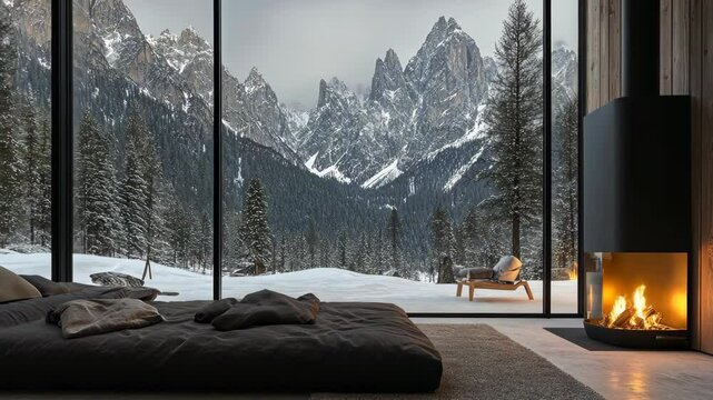 A cozy bed with a fireplace in front of a large window with a view of snow-capped mountains and a wintery forest