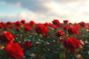Obraz premium Focus on red roses in a rose field