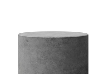 Gray concrete cylinder podium on an isolated white background. Clean and simple design for product presentation or display. 3D Rendering