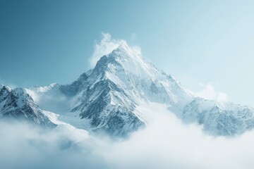 Obraz premium Majestic snow-capped mountain peaks rise above clouds in bright blue sky during midday