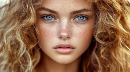 Naklejka premium A close-up of a woman's face adorned with freckles