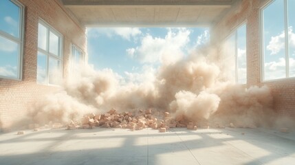 A room with a lot of debris and a cloud of dust