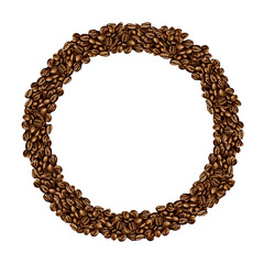 Wreath of tightly arranged coffee beans. Dark brown coffee. Roasted coffee beans. Round wreath. Watercolor illustration