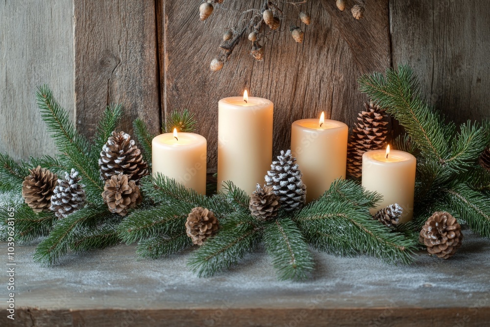 Poster five lit candles surrounded by frosted pine cones and evergreen branches, set on a rustic wooden sur