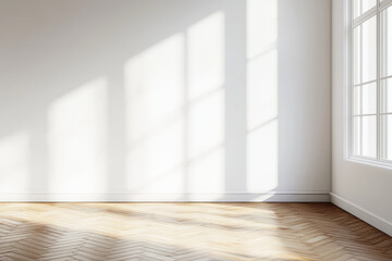 bright and airy interior space featuring wooden floor and large windows casting soft shadows on white walls, creating serene atmosphere