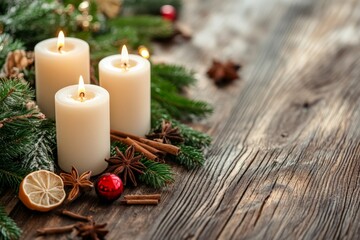 A trio of white candles set on a wooden surface, adorned with festive elements such as pine branches, anise stars, cinnamon sticks, and dried orange slices in a cozy vibe.