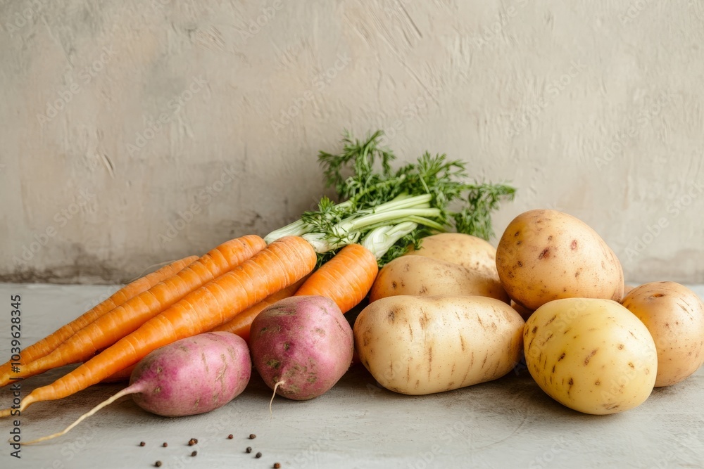 Aufkleber A simple and natural arrangement of fresh carrots and assorted potatoes is displayed on a neutral backdrop, highlighting the earthy tones and rustic textures.