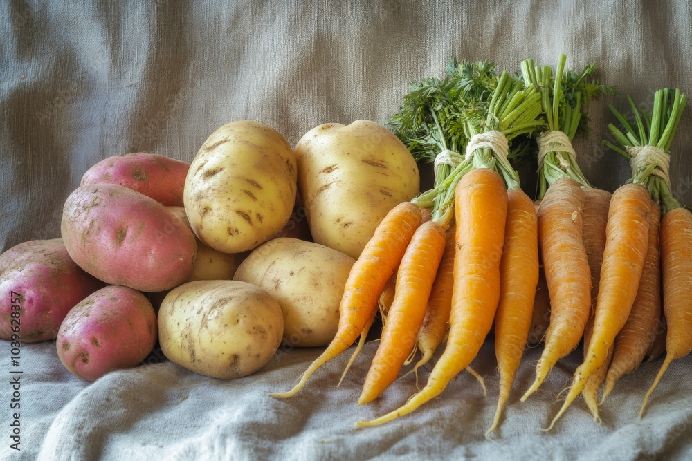 Aufkleber A rustic display of carrots and various potatoes lies on soft linen fabric, creating a charming visual reminiscent of traditional harvest times, with warm earthy tones.