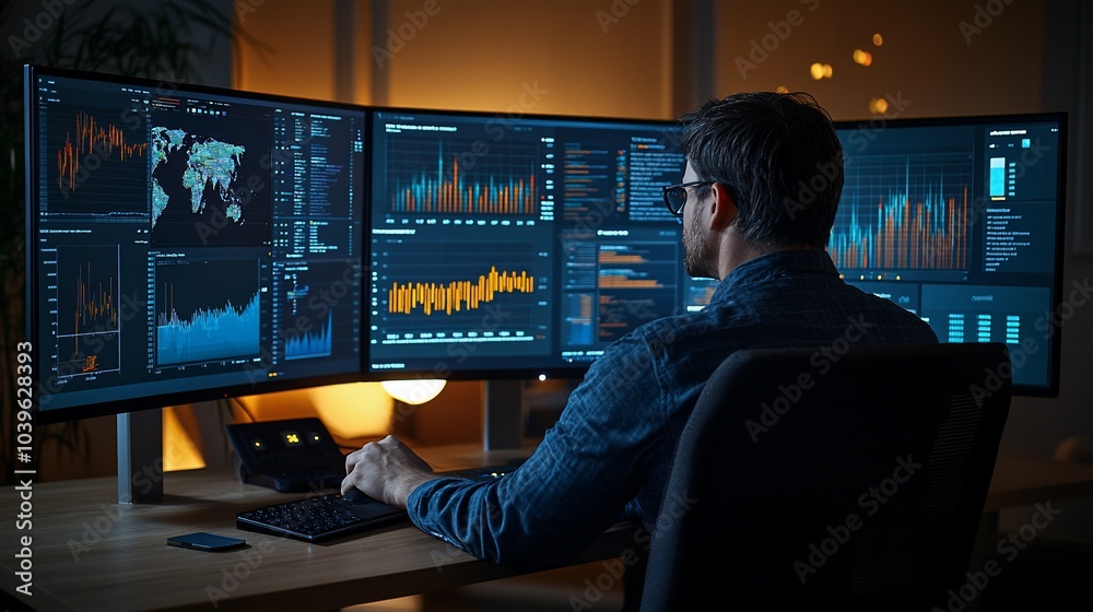 Aufkleber A man sits in front of three computer monitors, looking at data graphs and charts. He is working late into the night and appears to be focused on his work.