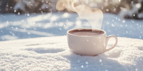 A steaming cup of hot chocolate resting on fresh snow, with snowflakes gently falling and soft winter light in the background