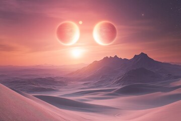 An otherworldly landscape depicts a surreal scene with two glowing suns hanging low in the sky over a vast and mysterious alien desert terrain at dusk.