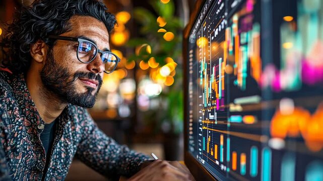 A focused individual examines complex financial charts while seated in a lively caf&eacute;, illuminated by warm ambient lights