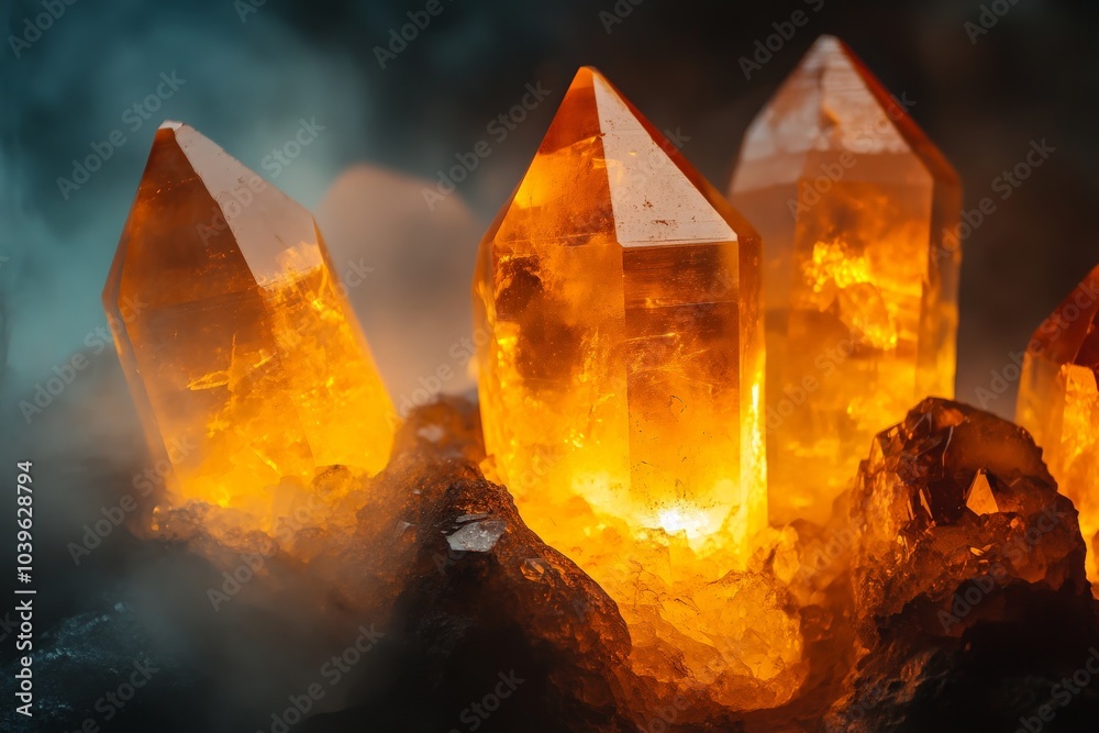 Poster a captivating scene of orange crystals clustered together, glowing with an intense, warm light, gene