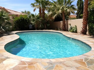 Private luxurious pool nestled among palm trees, offering a perfect sunny retreat for relaxation and tranquility.